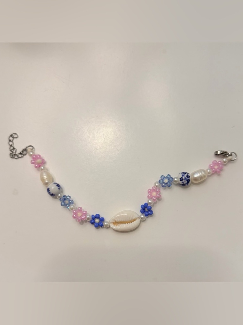 Handmade Pink & Blue Beaded Shell Bracelet